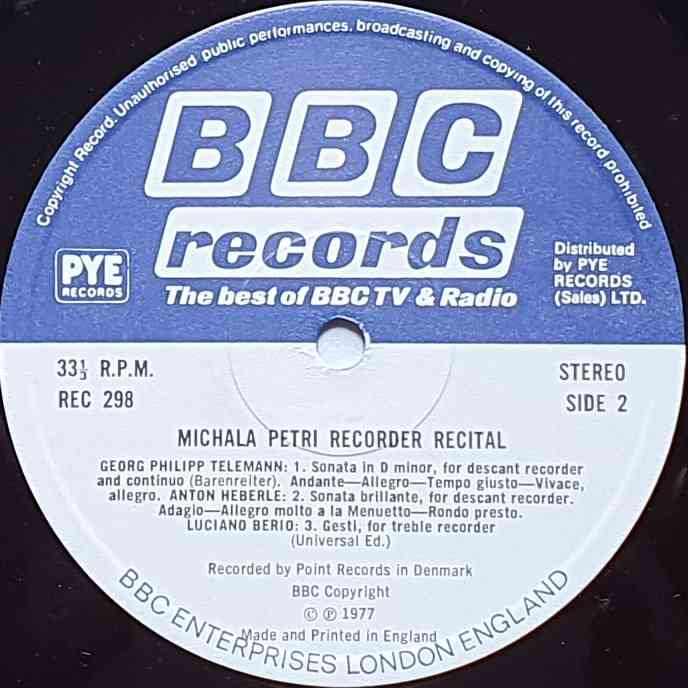 REC 298 Michala Petri recorder recital Michala Petri from the BBC records and Tapes library Label